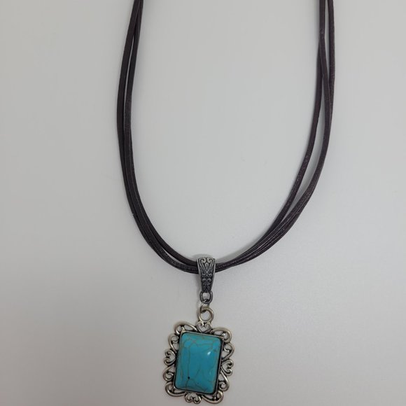 3 Strand Distressed Leather Necklace with Turquoise Pendant with scroll detail - Picture 4 of 7